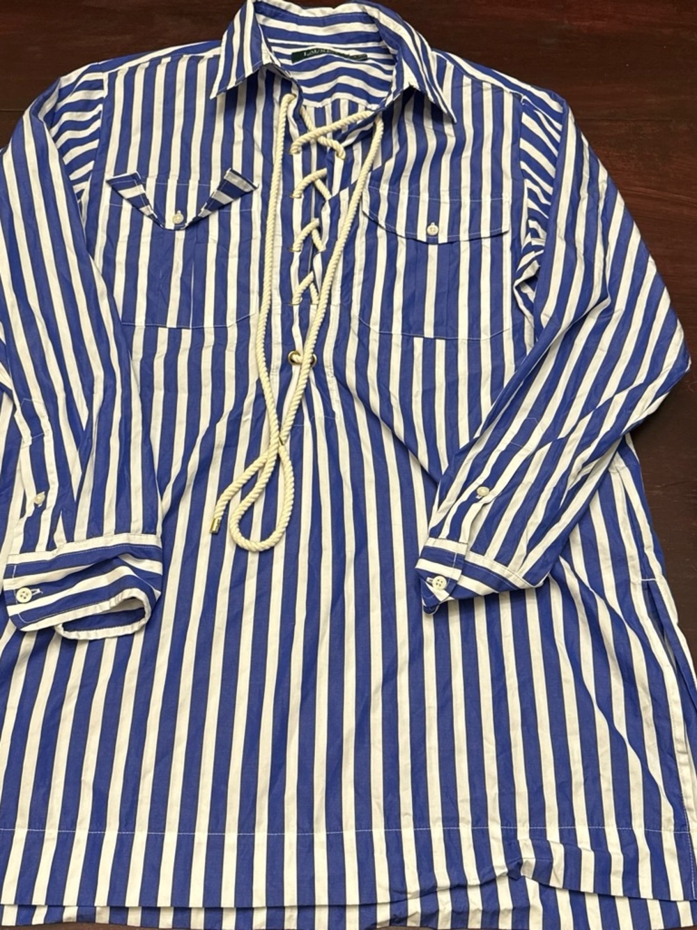 Ralph Lauren Blue & White Striped Lace-Up Button Down Shirt